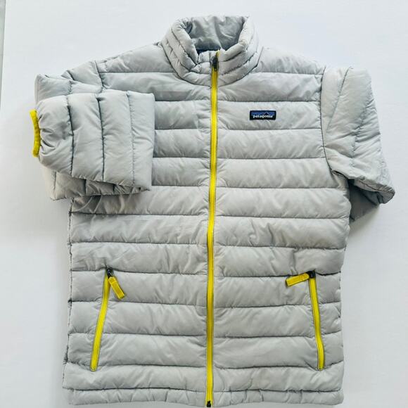 Patagonia Boys Down Sweater Jacket Size Large 12 Light Grey Puffer Full Zip - Picture 1 of 7